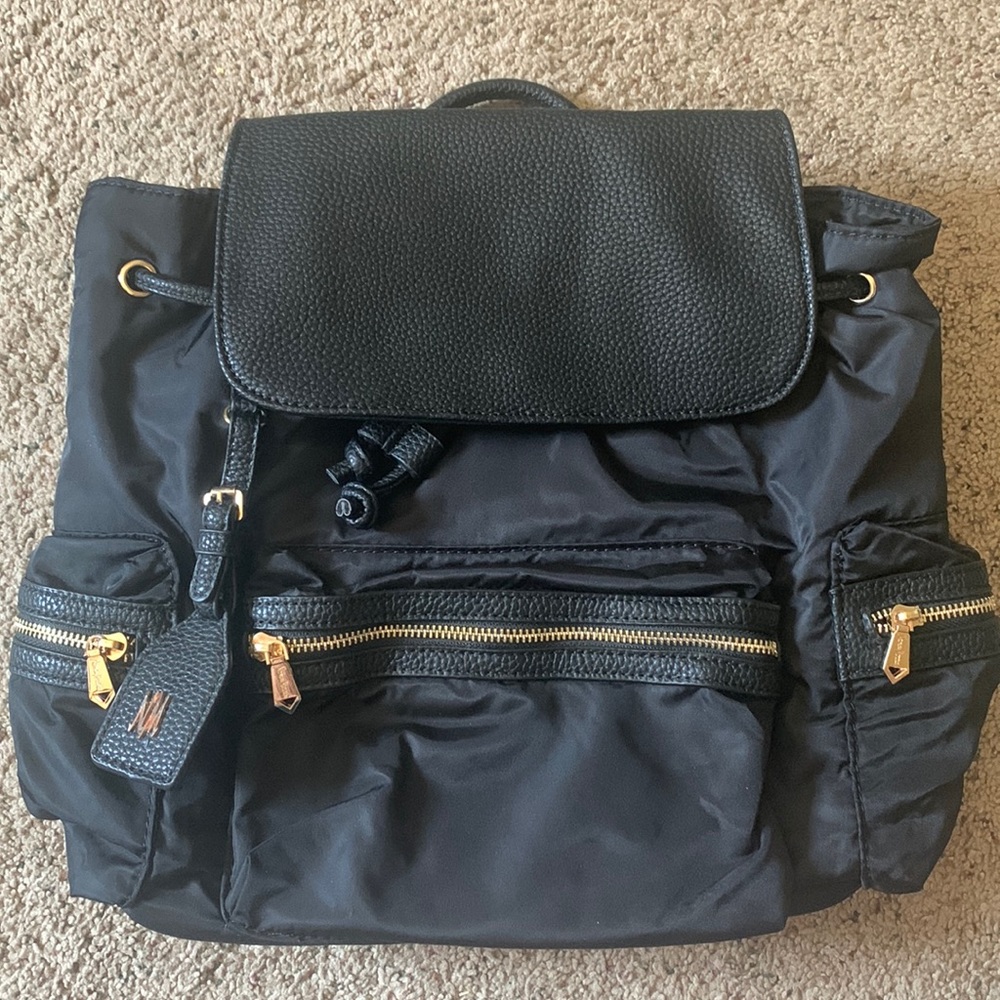 Neiman Marcus Backpack Purse/Bag Drawstring Flap Black Nylon Leather Trim